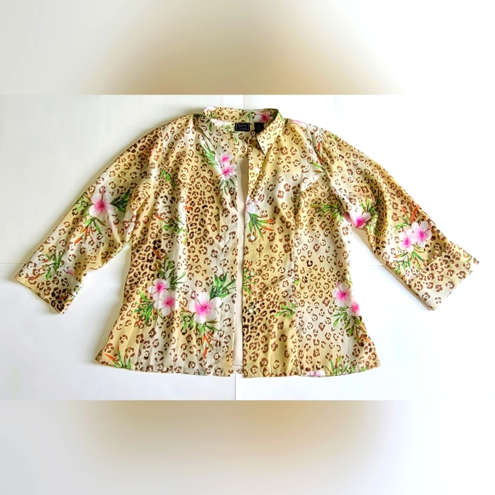 Womens Leopard Cheetah Top Shirt Blouse Floral Sheer Size 16 Wide Laura Scott